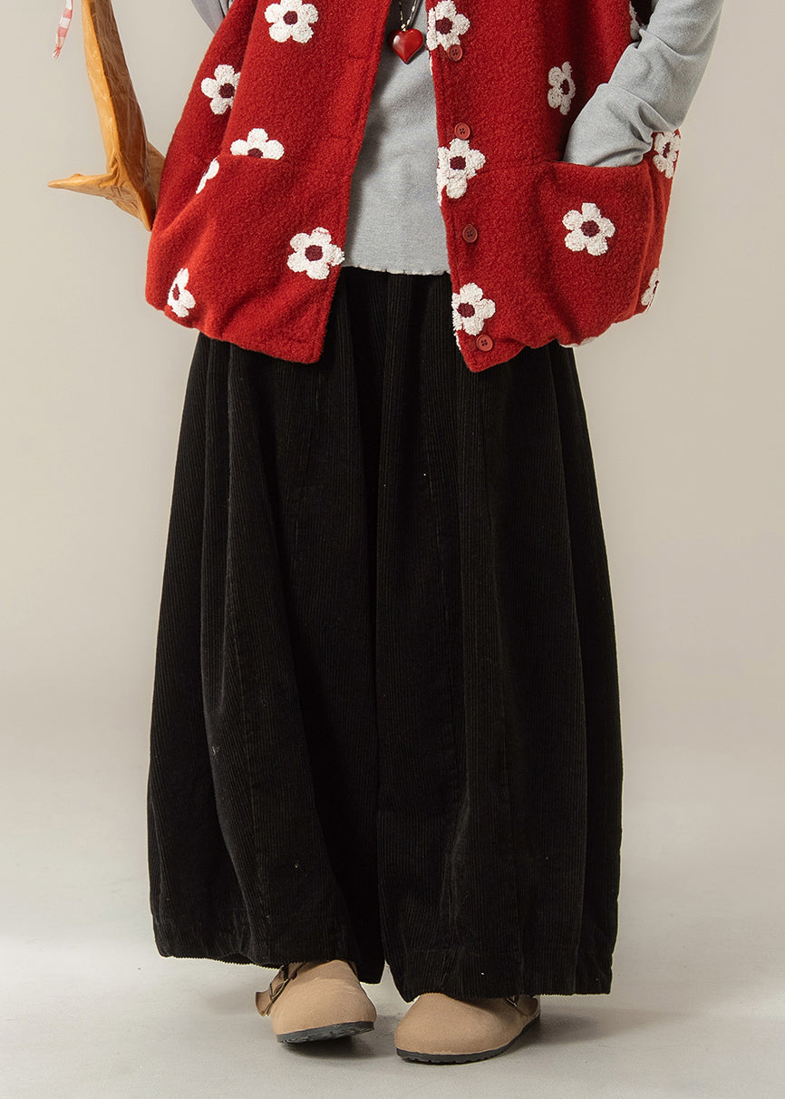 Bobo Black Elastic Waist Corduroy Wide Leg Pants Spring