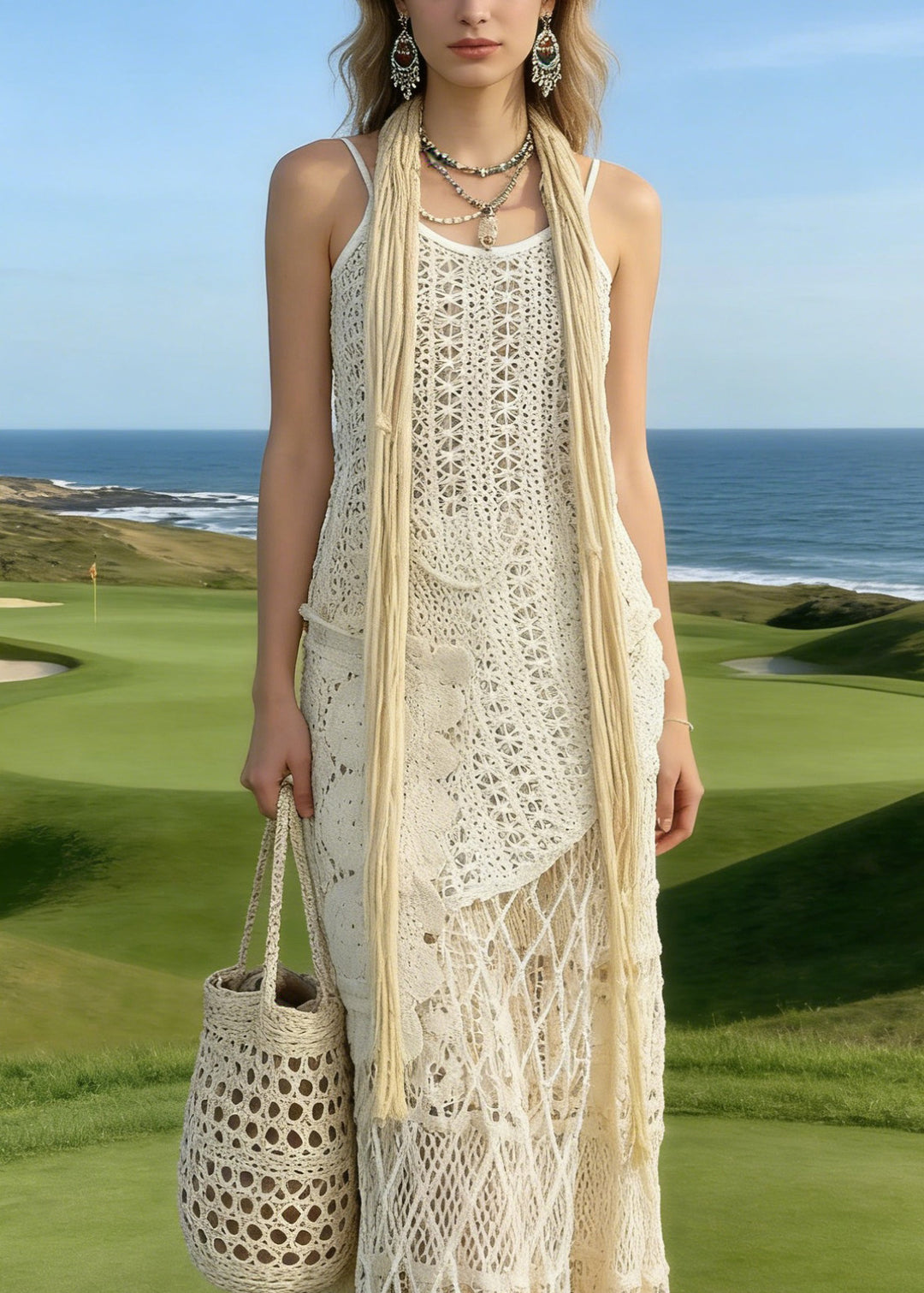 Bohemian Apricot Asymmetrical Lace Knit Two Piece Suit Set Summer