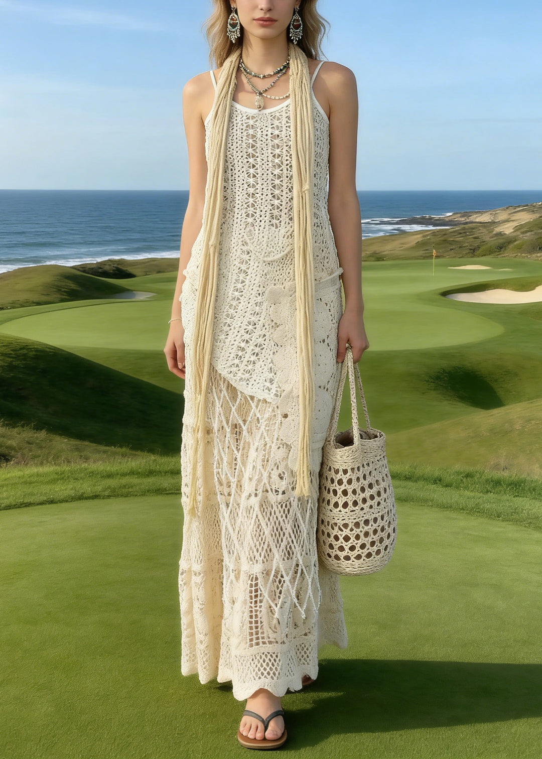 Bohemian Apricot Asymmetrical Lace Knit Two Piece Suit Set Summer