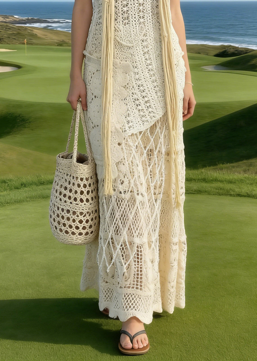 Bohemian Apricot Asymmetrical Lace Knit Two Piece Suit Set Summer