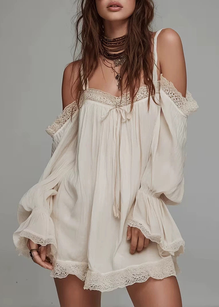 Bohemian Apricot Cold Shoulder Patchwork Lace Mini Dress Long sleeve