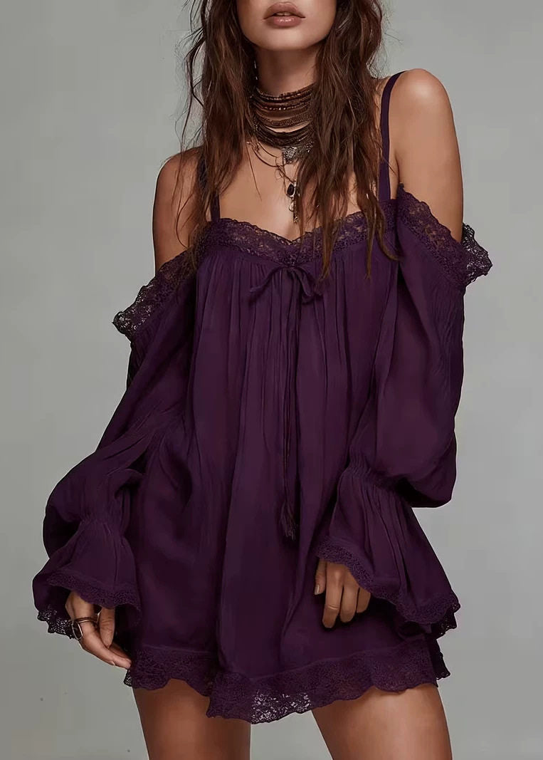 Bohemian Apricot Cold Shoulder Patchwork Lace Mini Dress Long sleeve