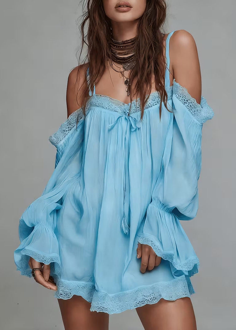 Bohemian Apricot Cold Shoulder Patchwork Lace Mini Dress Long sleeve