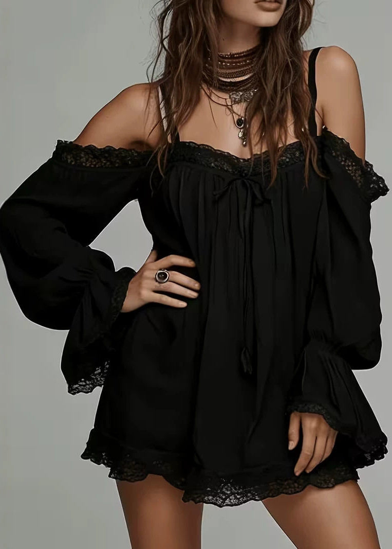 Bohemian Apricot Cold Shoulder Patchwork Lace Mini Dress Long sleeve