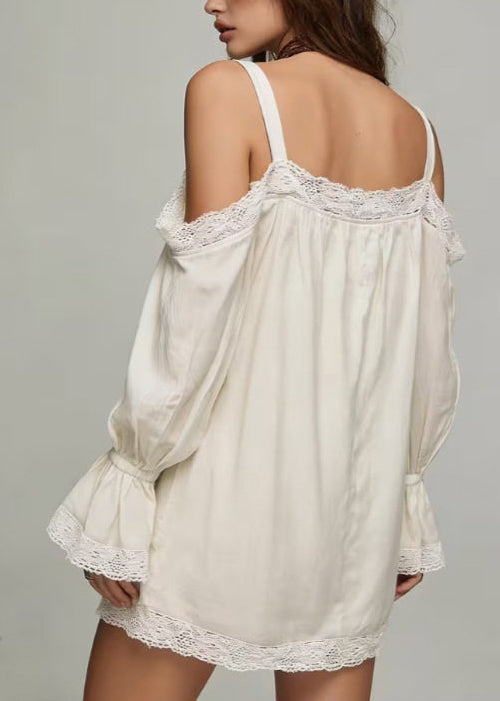 Bohemian Apricot Cold Shoulder Patchwork Lace Mini Dress Long sleeve