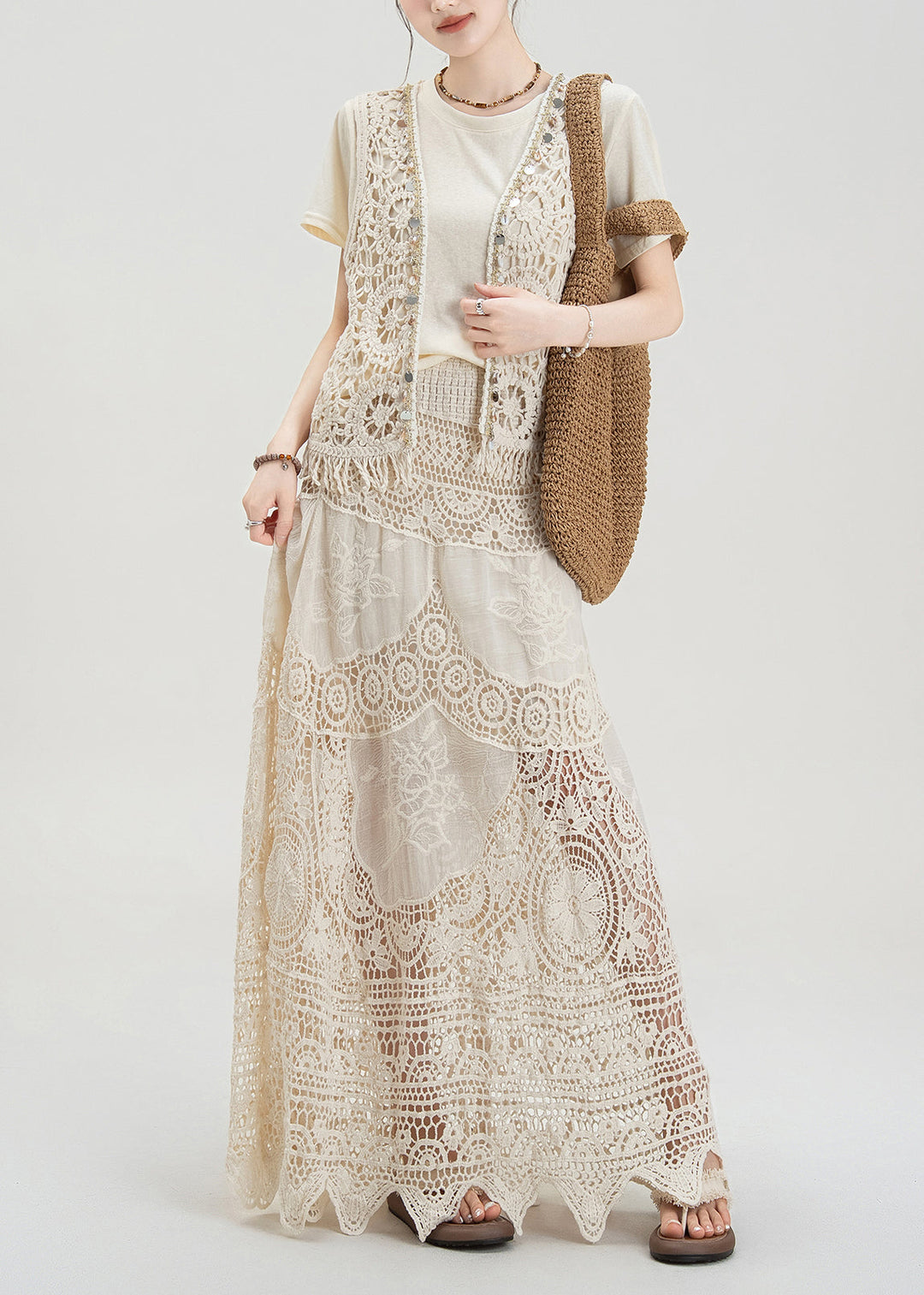 Bohemian Apricot Hollow Hook Flower Vest T-Shirt Skirt Set Summer