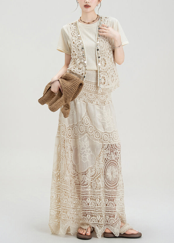 Bohemian Apricot Hollow Hook Flower Vest T-Shirt Skirt Set Summer