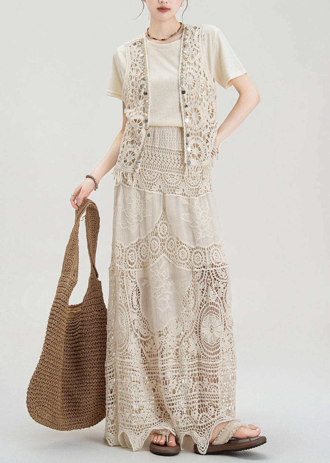 Bohemian Apricot Hollow Hook Flower Vest T-Shirt Skirt Set Summer