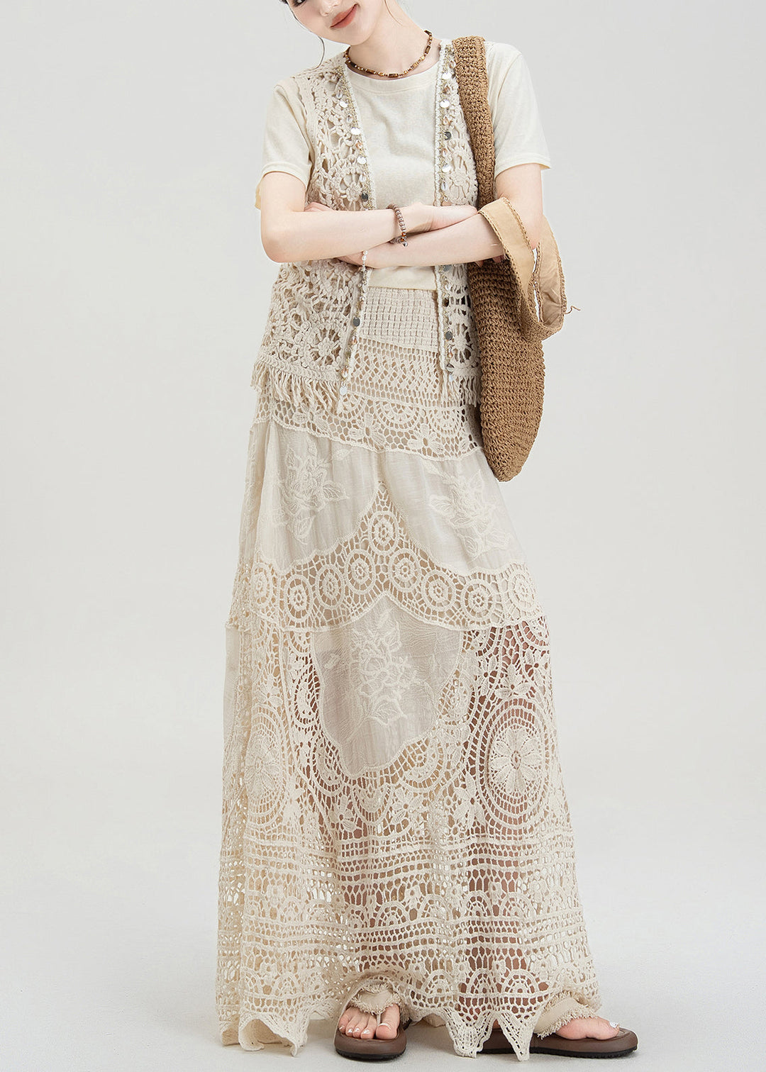 Bohemian Apricot Hollow Hook Flower Vest T-Shirt Skirt Set Summer