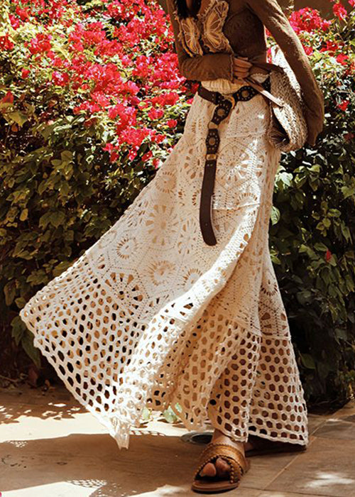 Bohemian Apricot Hollow Out Lace Elastic Waist Cotton Skirts Summer
