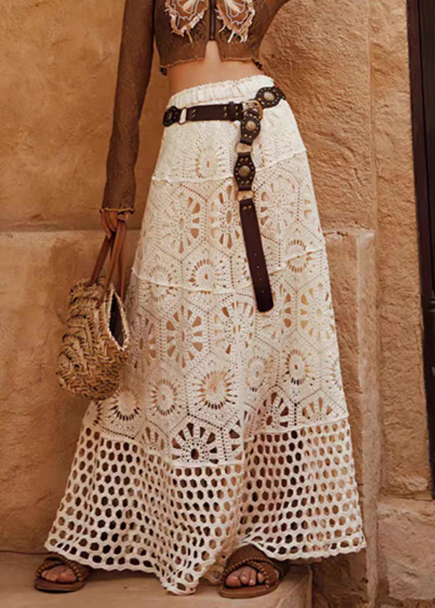 Bohemian Apricot Hollow Out Lace Elastic Waist Cotton Skirts Summer