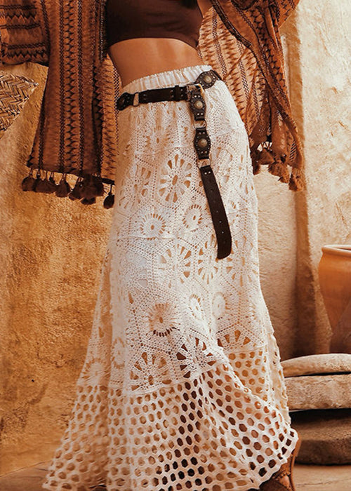 Bohemian Apricot Hollow Out Lace Elastic Waist Cotton Skirts Summer