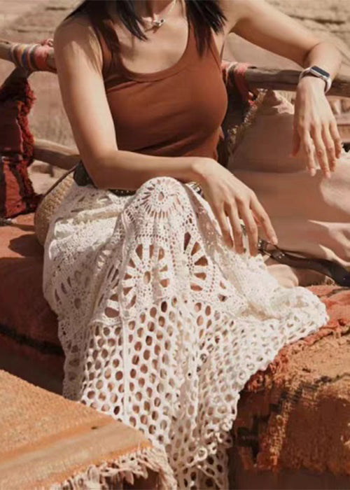 Bohemian Apricot Hollow Out Lace Elastic Waist Cotton Skirts Summer