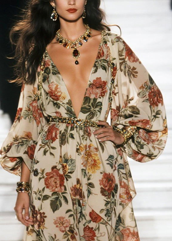 Bohemian Apricot Print Exra Large Hem Chiffon Beach Dress Spring