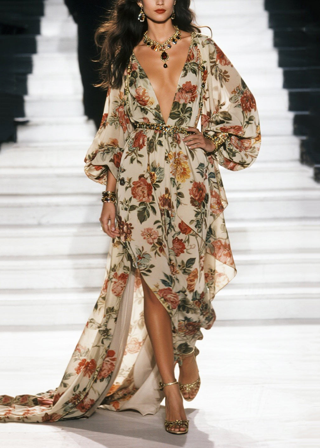 Bohemian Apricot Print Exra Large Hem Chiffon Beach Dress Spring