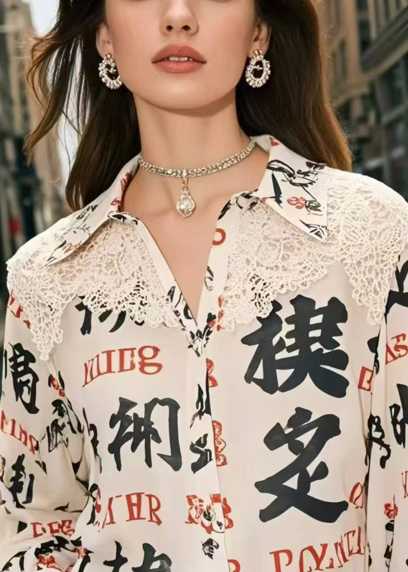 Bohemian Apricot Print Patchwork Lace Shirt Top Spring