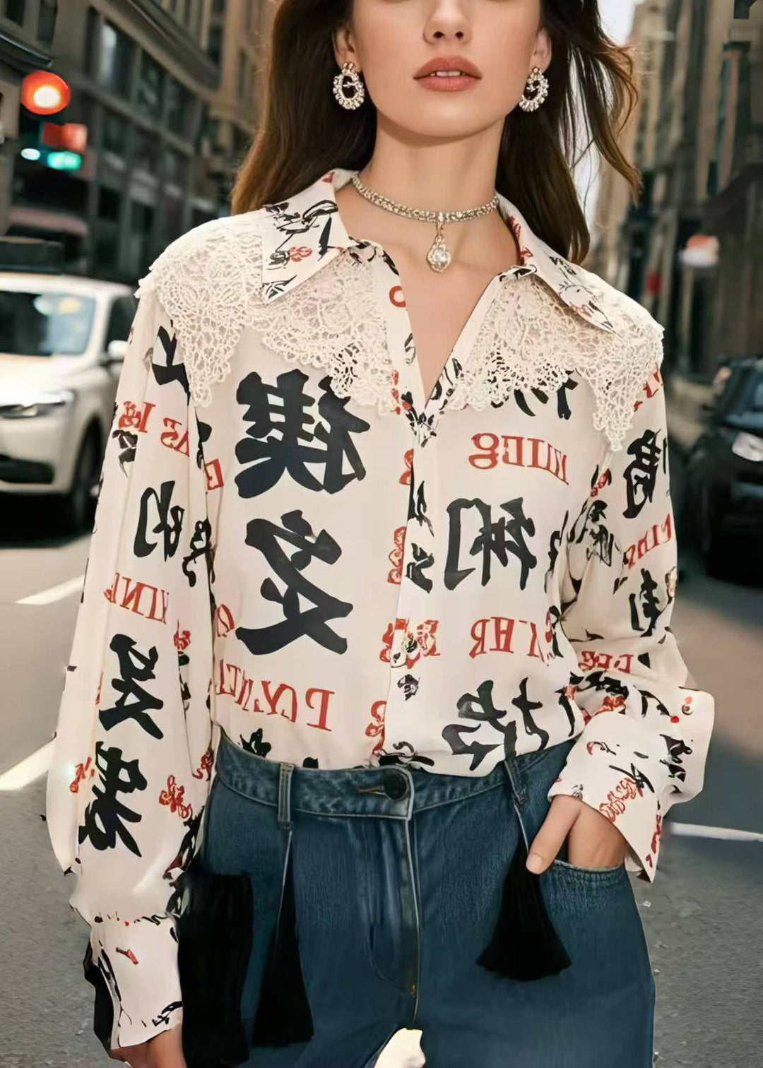 Bohemian Apricot Print Patchwork Lace Shirt Top Spring