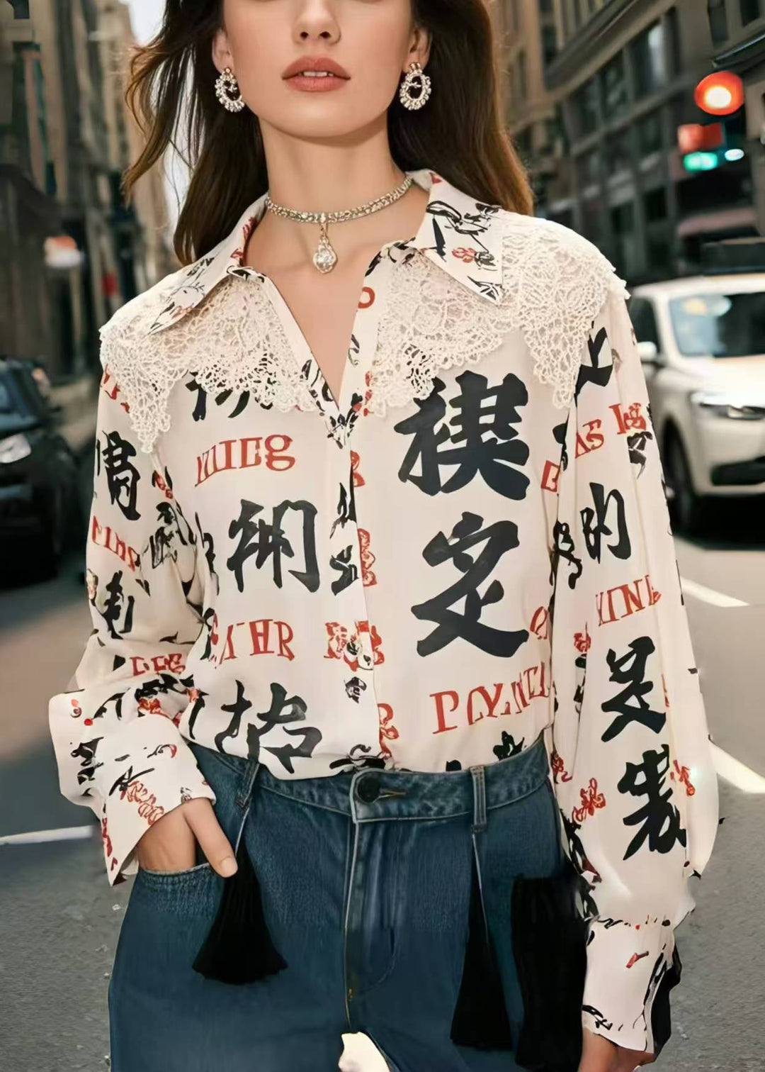 Bohemian Apricot Print Patchwork Lace Shirt Top Spring