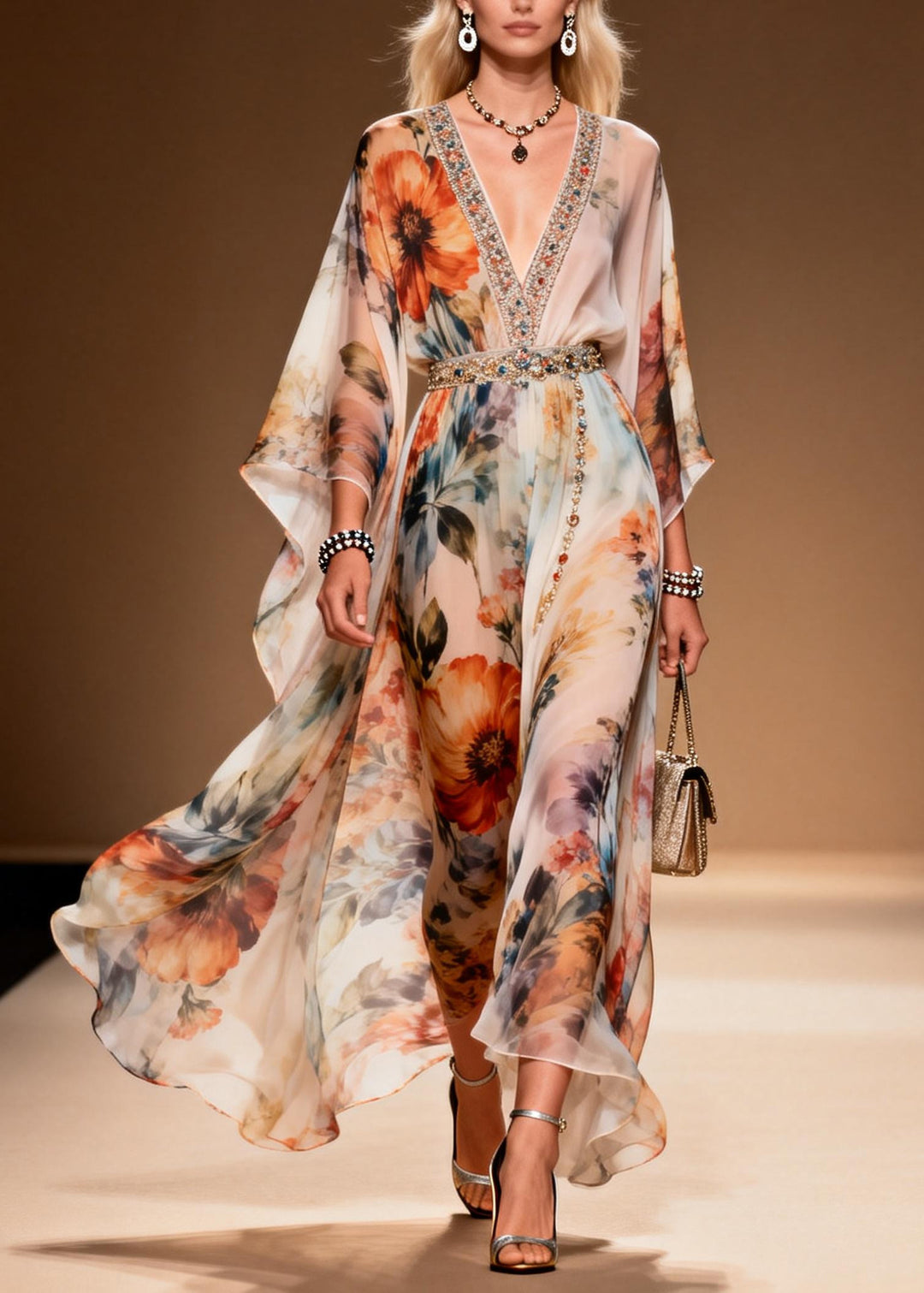 Bohemian Apricot Print Zircon Chiffon Holiday Dresses Summer