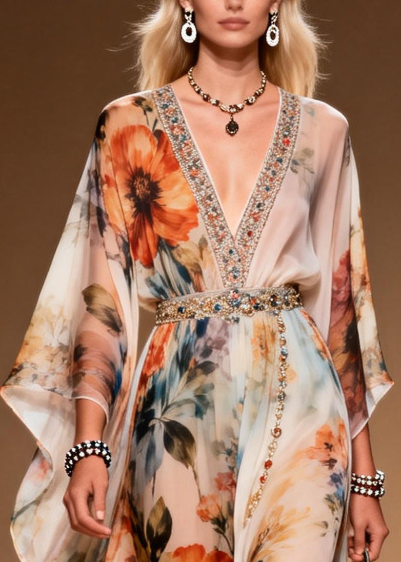 Bohemian Apricot Print Zircon Chiffon Holiday Dresses Summer