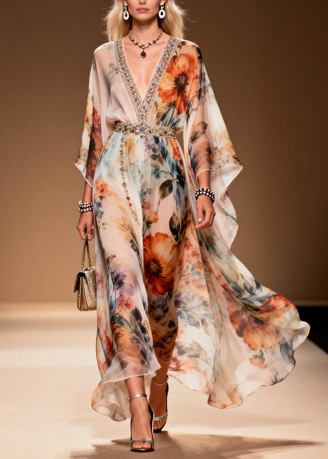 Bohemian Apricot Print Zircon Chiffon Holiday Dresses Summer