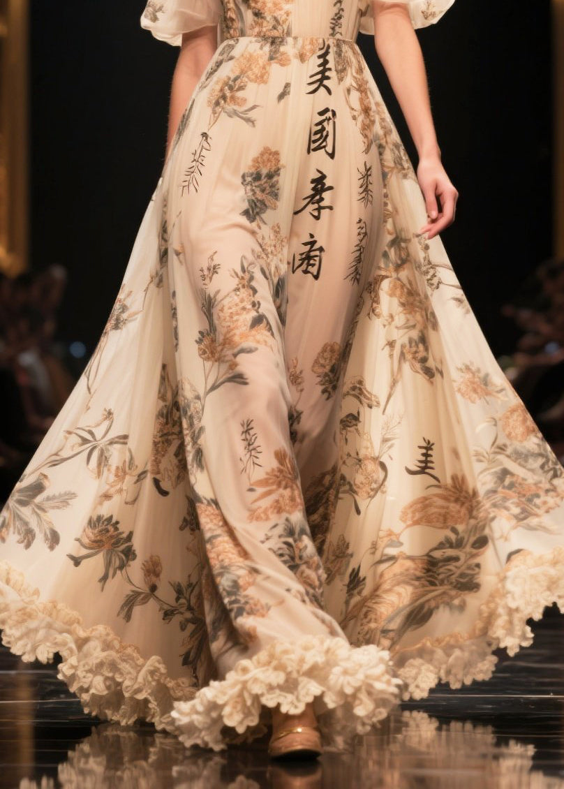 Bohemian Apricot Ruffled Print Exra Large Hem Chiffon Dress Summer