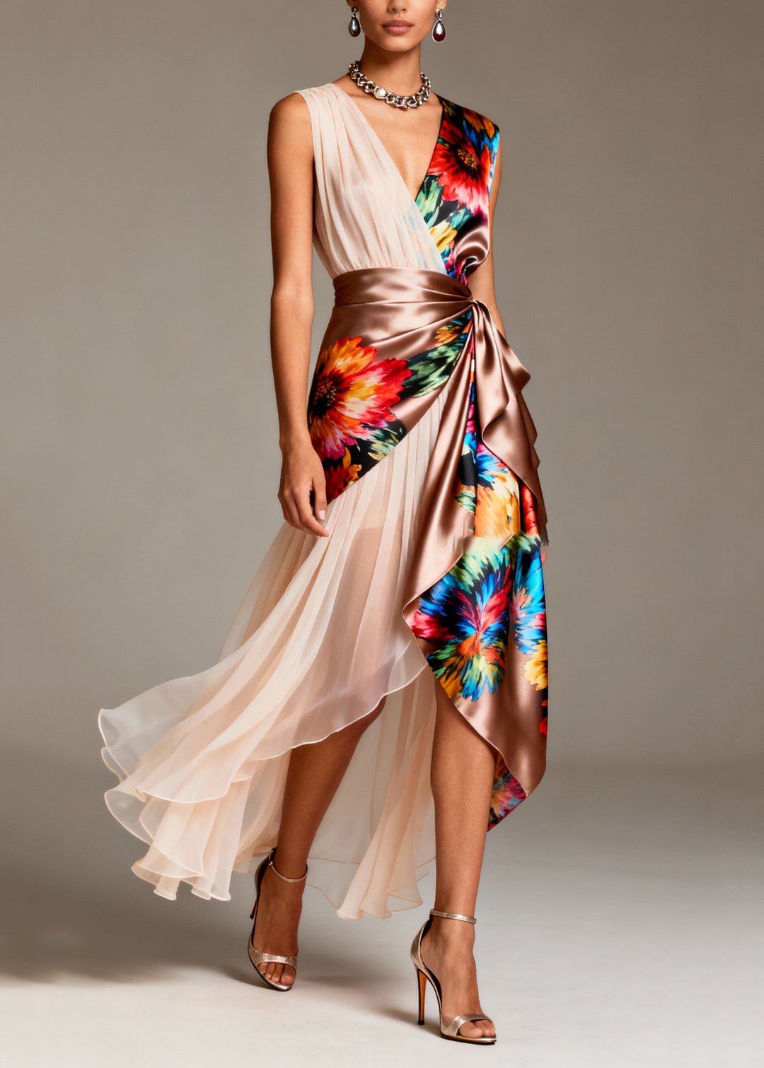 Bohemian Asymmetrical Patchwork Tulle Silk Party Dresses Sleeveless