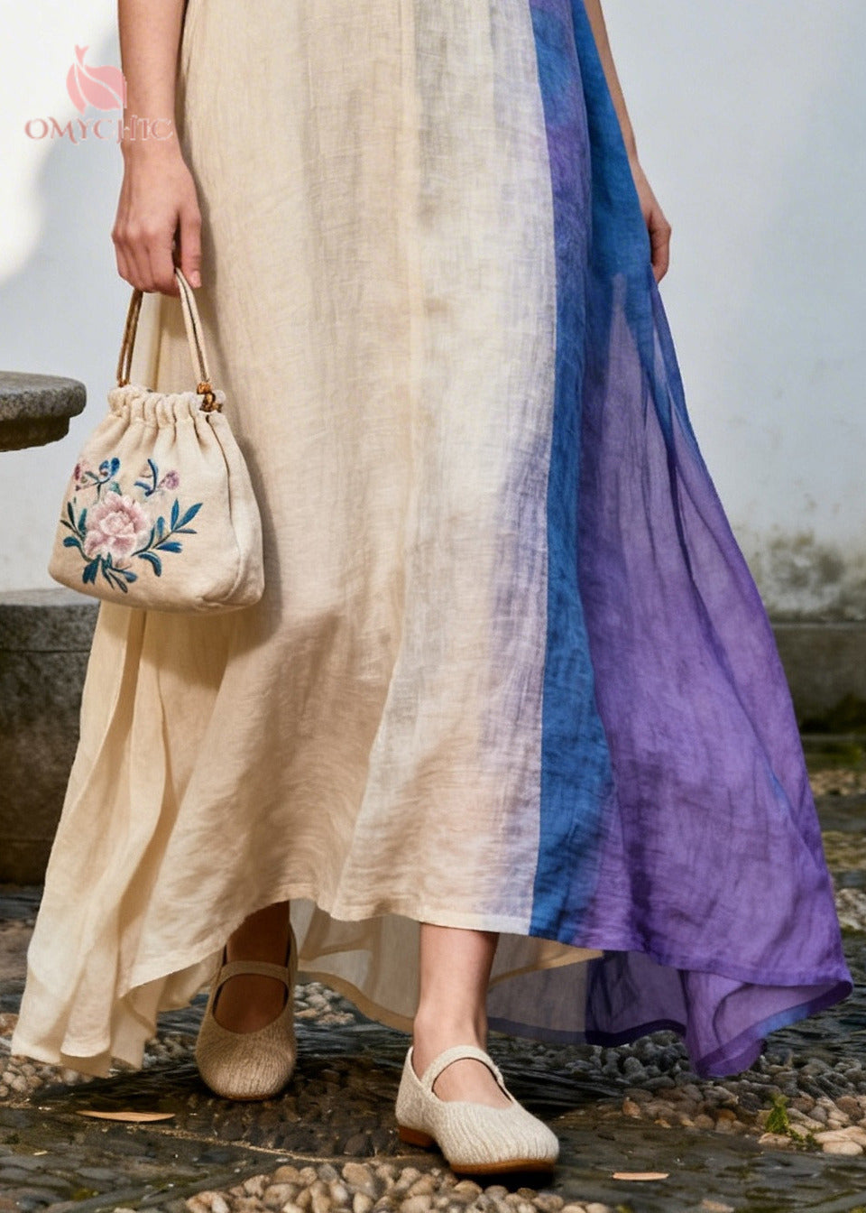 Bohemian Beige Asymmetrical Patchwork Chinese Button Cotton Dress Summer