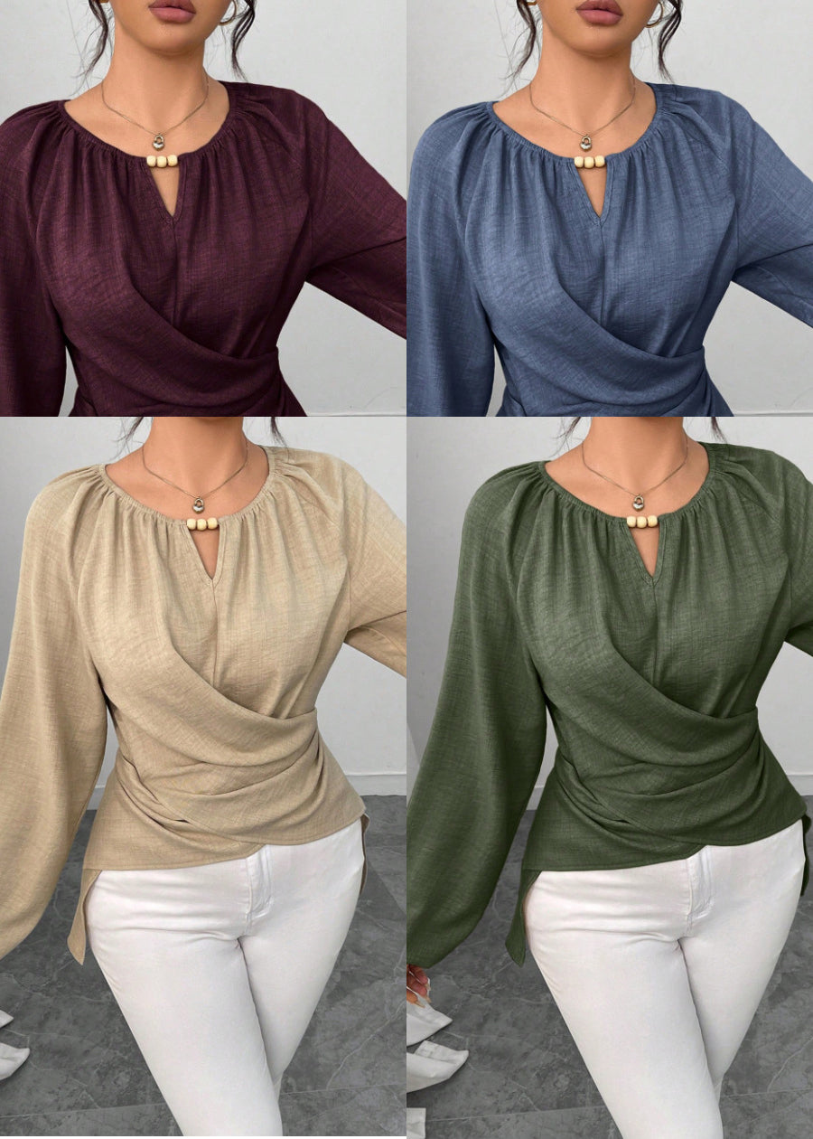 Bohemian Beige O-Neck Low High Design Cotton Shirts Fall