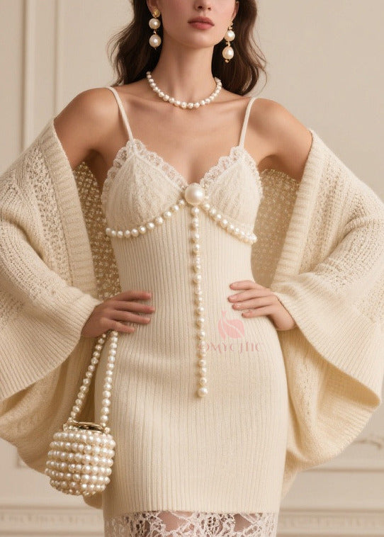 Bohemian Beige Patchwork Fine Pearl Knit Two Piece Set Women Clothing Spring