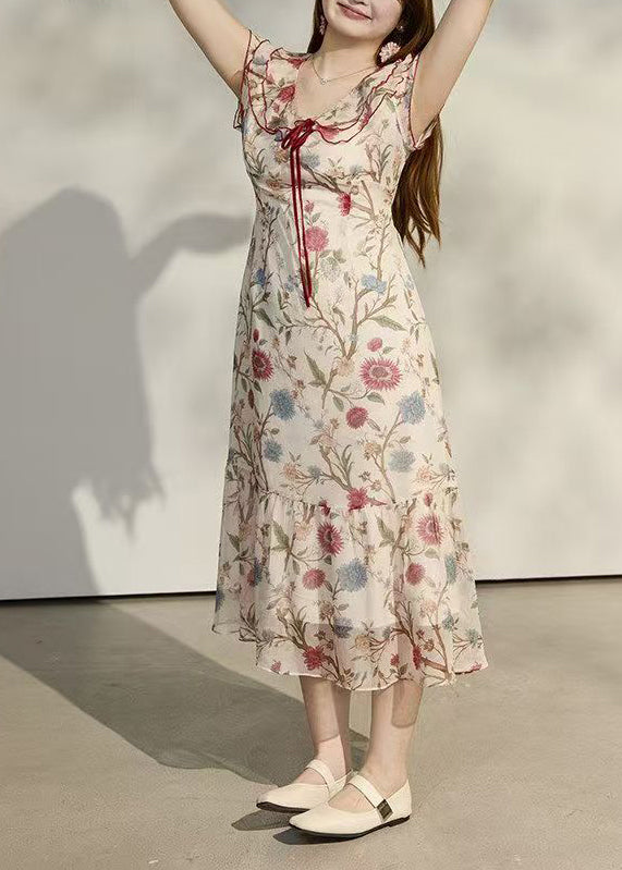 Bohemian Beige Peter Pan Collar Print Chiffon Holiday Dresses Summer