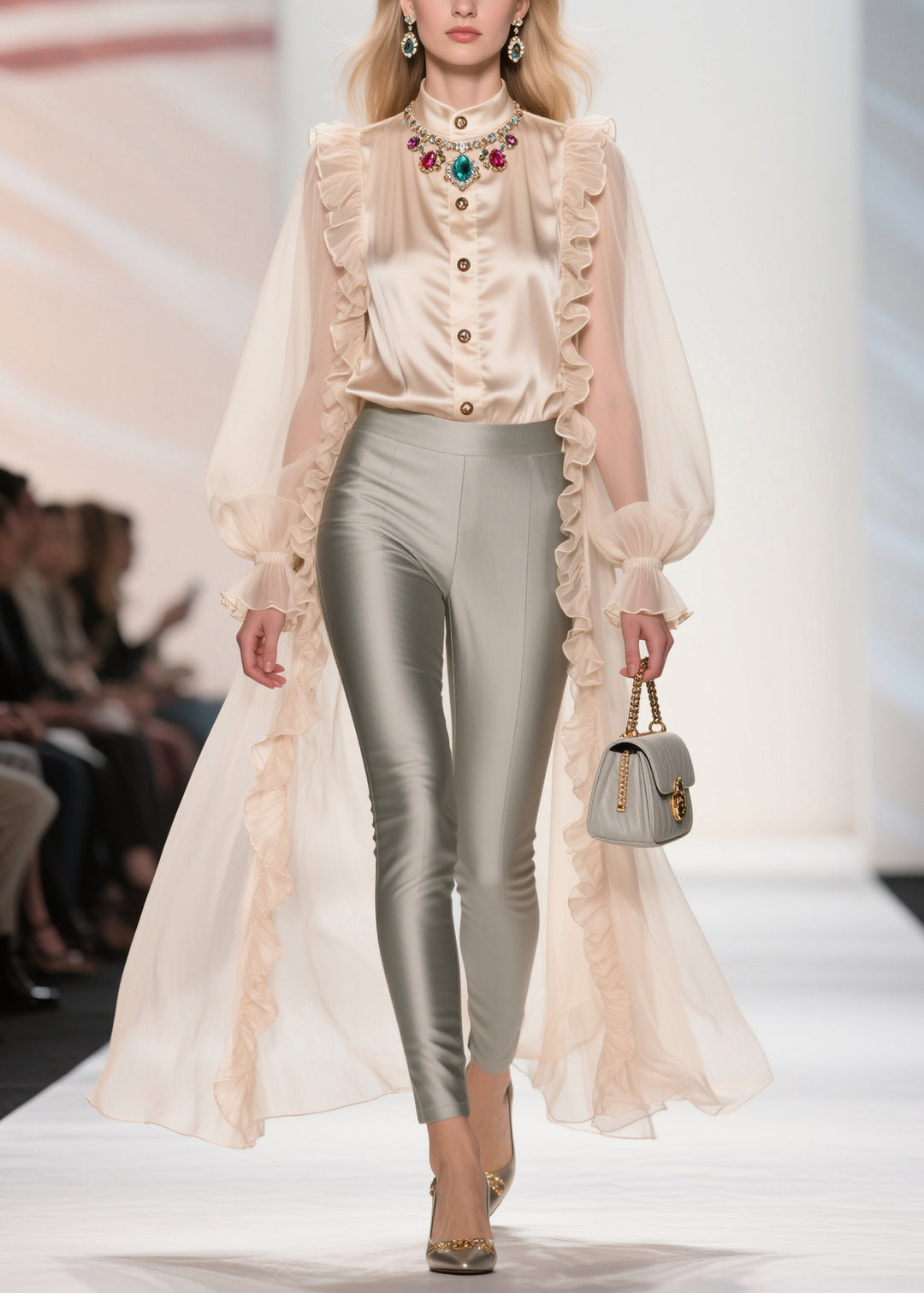Bohemian Beige Ruffled Patchwork Chiffon Long Tops Summer