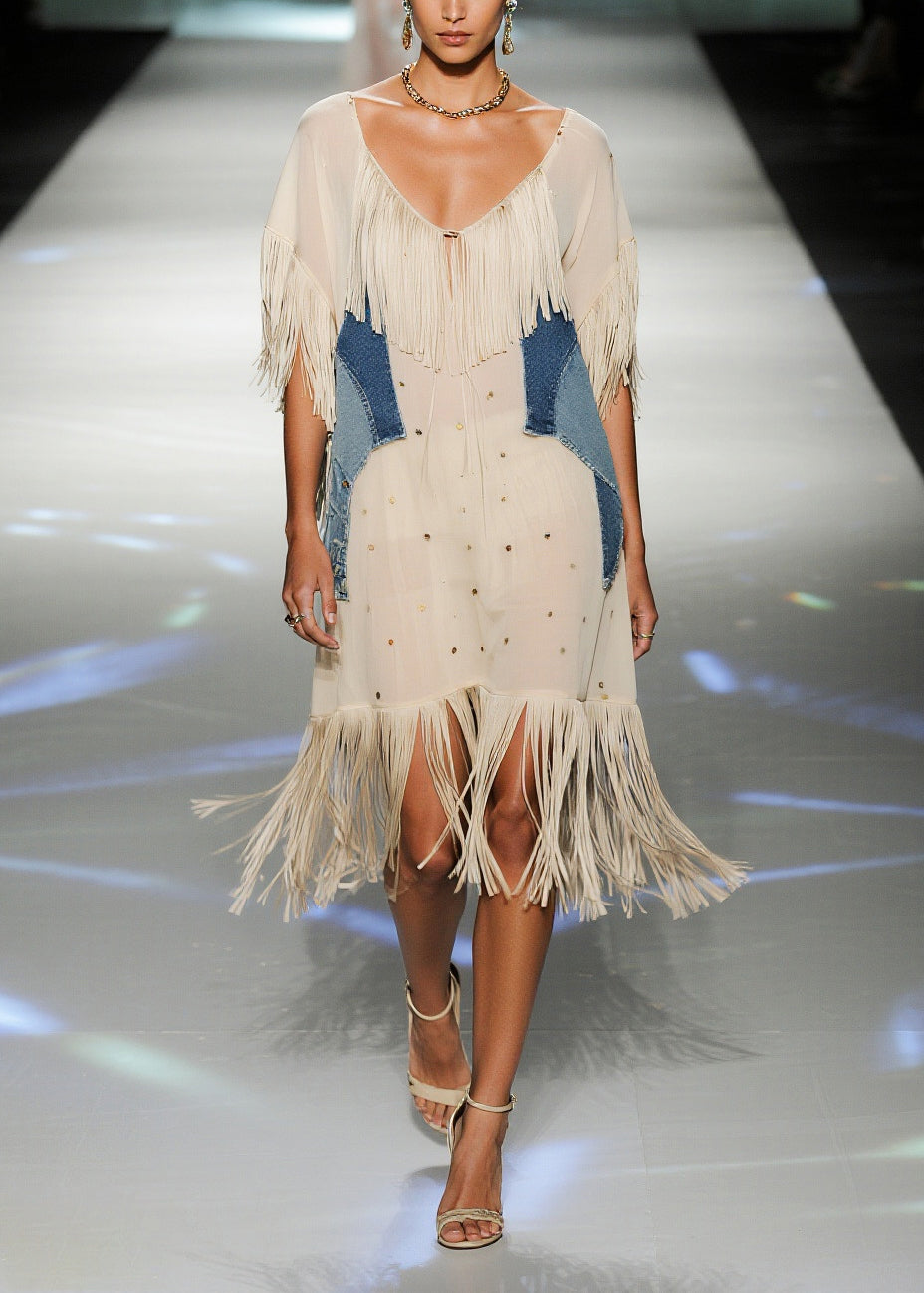 Bohemian Beige Tasseled Patchwork Chiffon Vacation Dress Summer