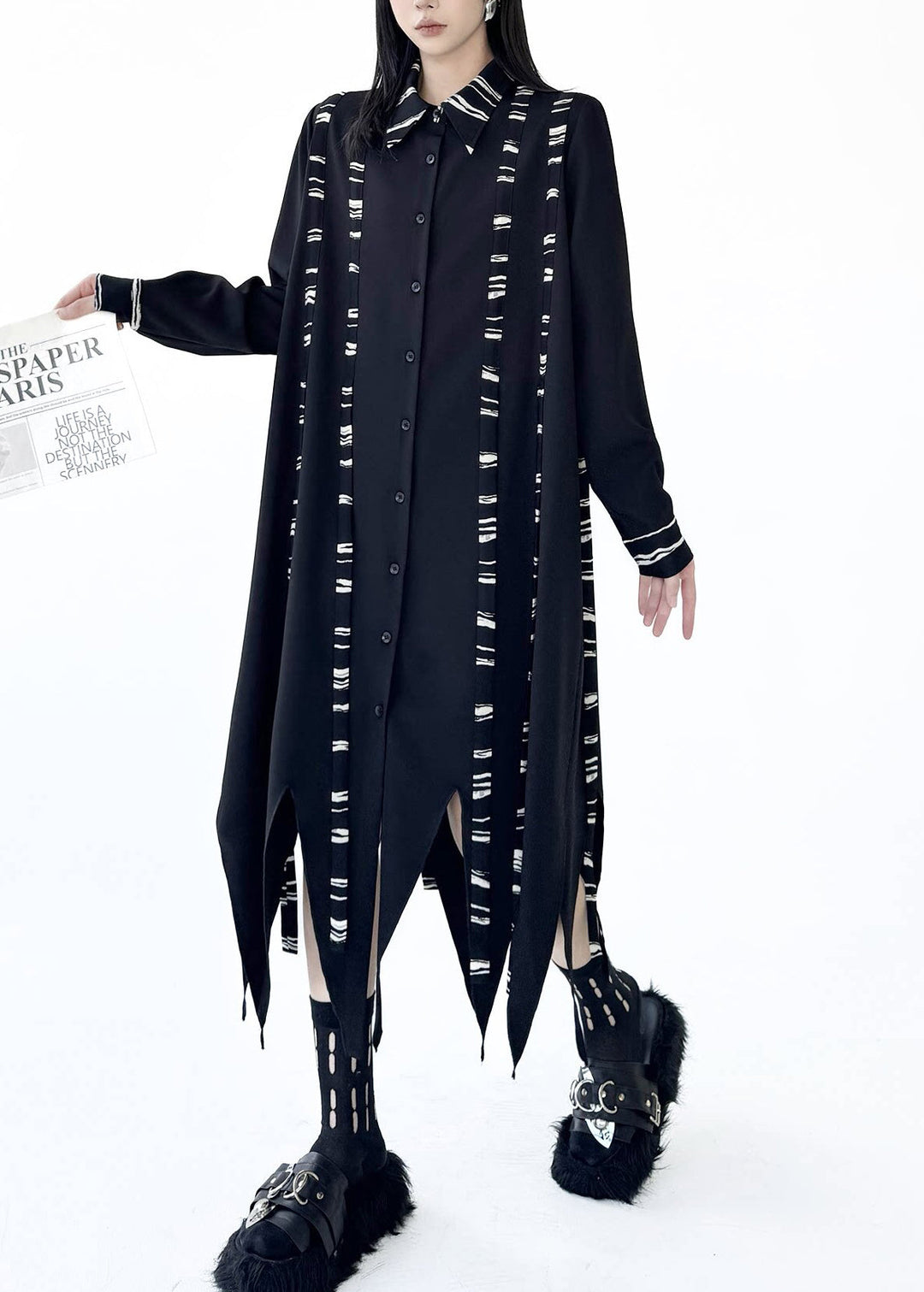 Bohemian Black Asymmetrical Print Cotton Shirt Dresses Fall
