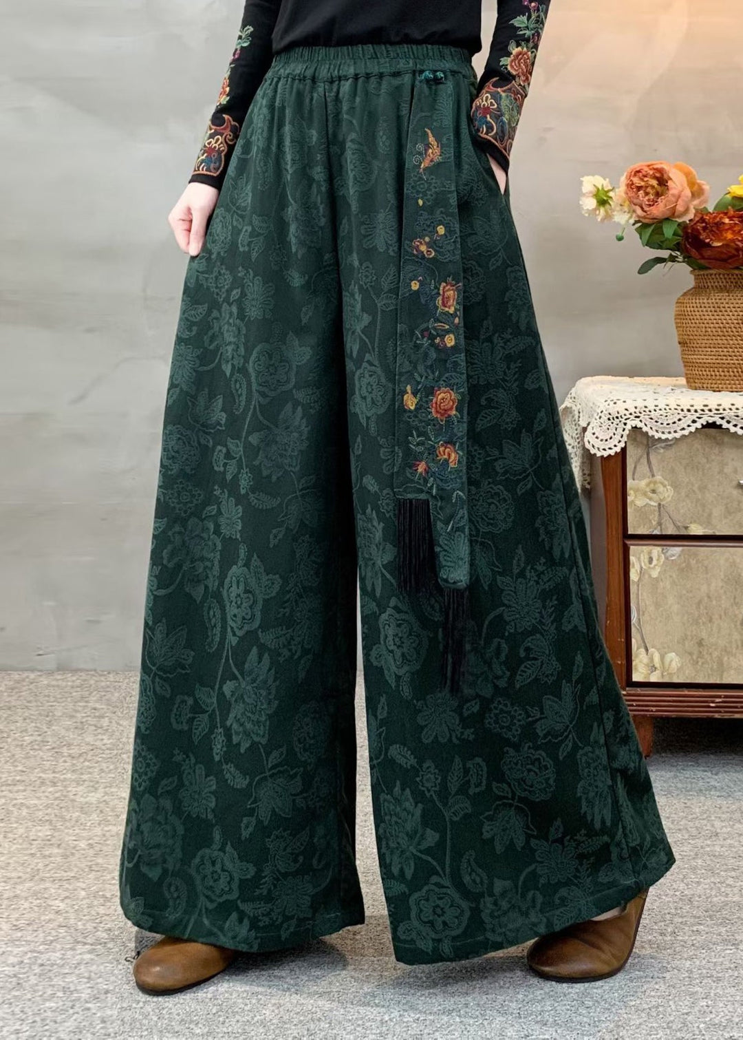 Bohemian Black Elastic Waist Pockets Jacquard Cotton Pants Fall