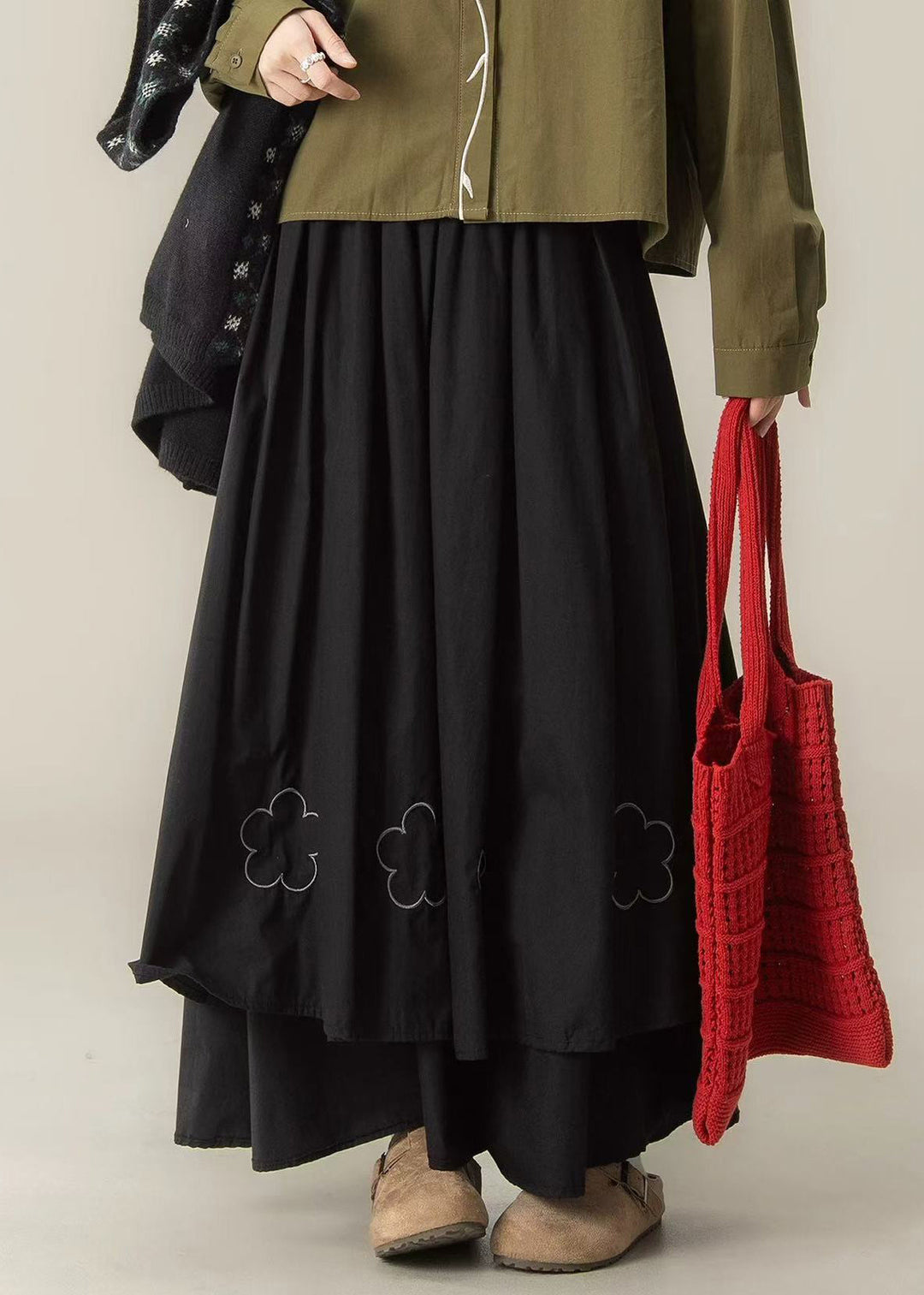 Bohemian Black Embroidered Layered Cotton Holiday Skirts Spring