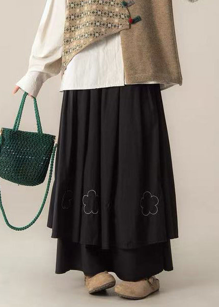 Bohemian Black Embroidered Layered Cotton Holiday Skirts Spring