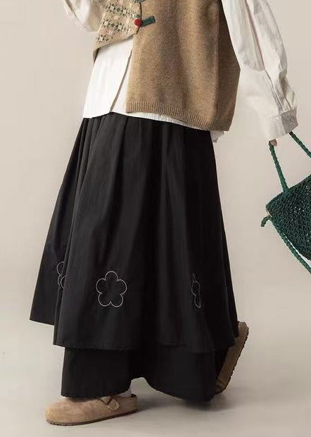 Bohemian Black Embroidered Layered Cotton Holiday Skirts Spring