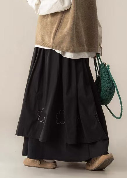 Bohemian Black Embroidered Layered Cotton Holiday Skirts Spring