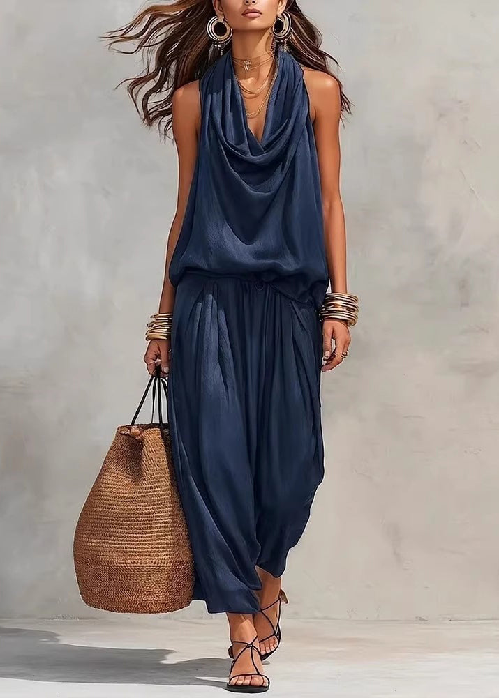 Bohemian Black Halter Patchwork Cotton Jumpsuit Sleeveless