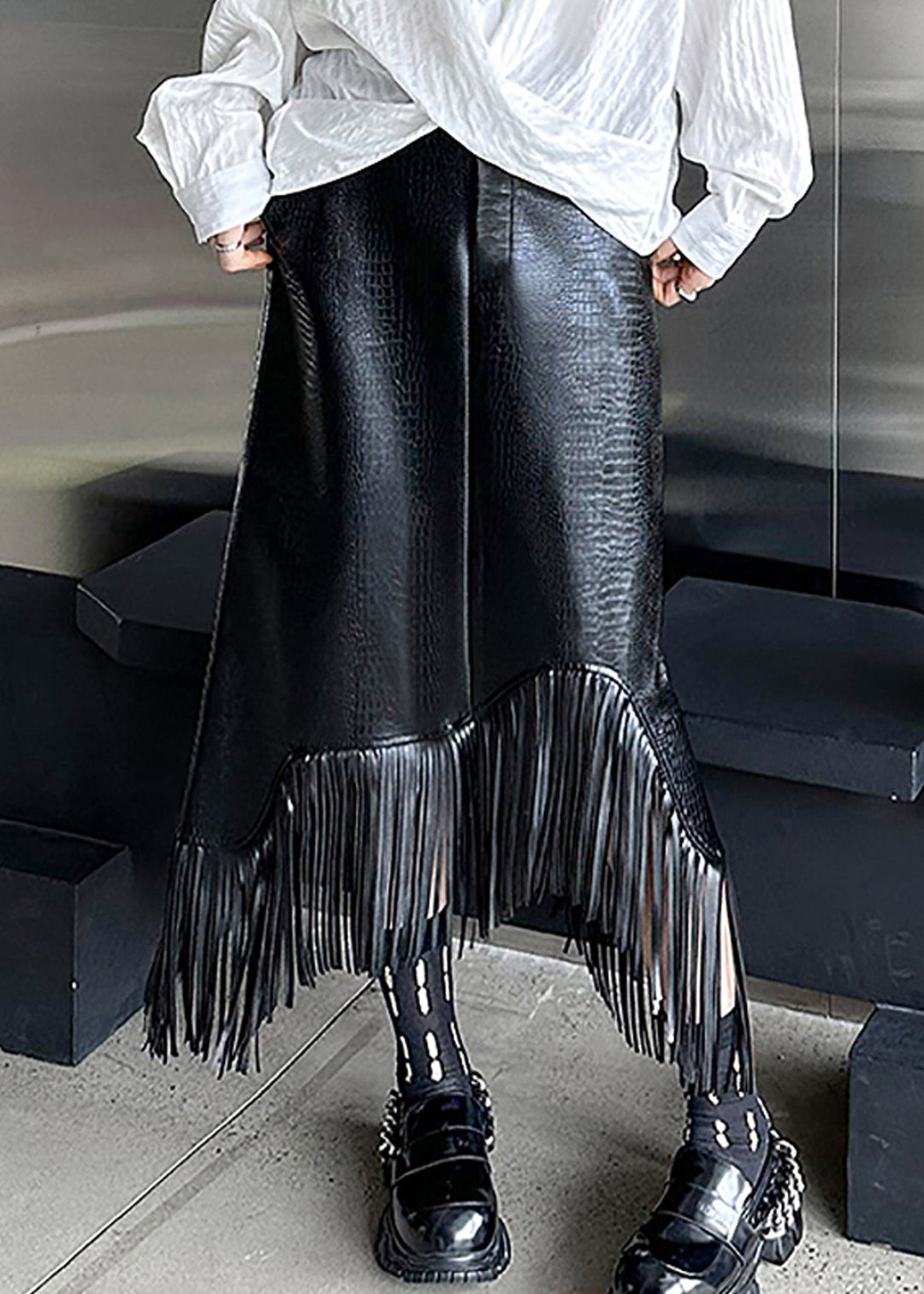 Bohemian Black High Waist Tassel Patchwork Faux Leather A Line Skirt Fall