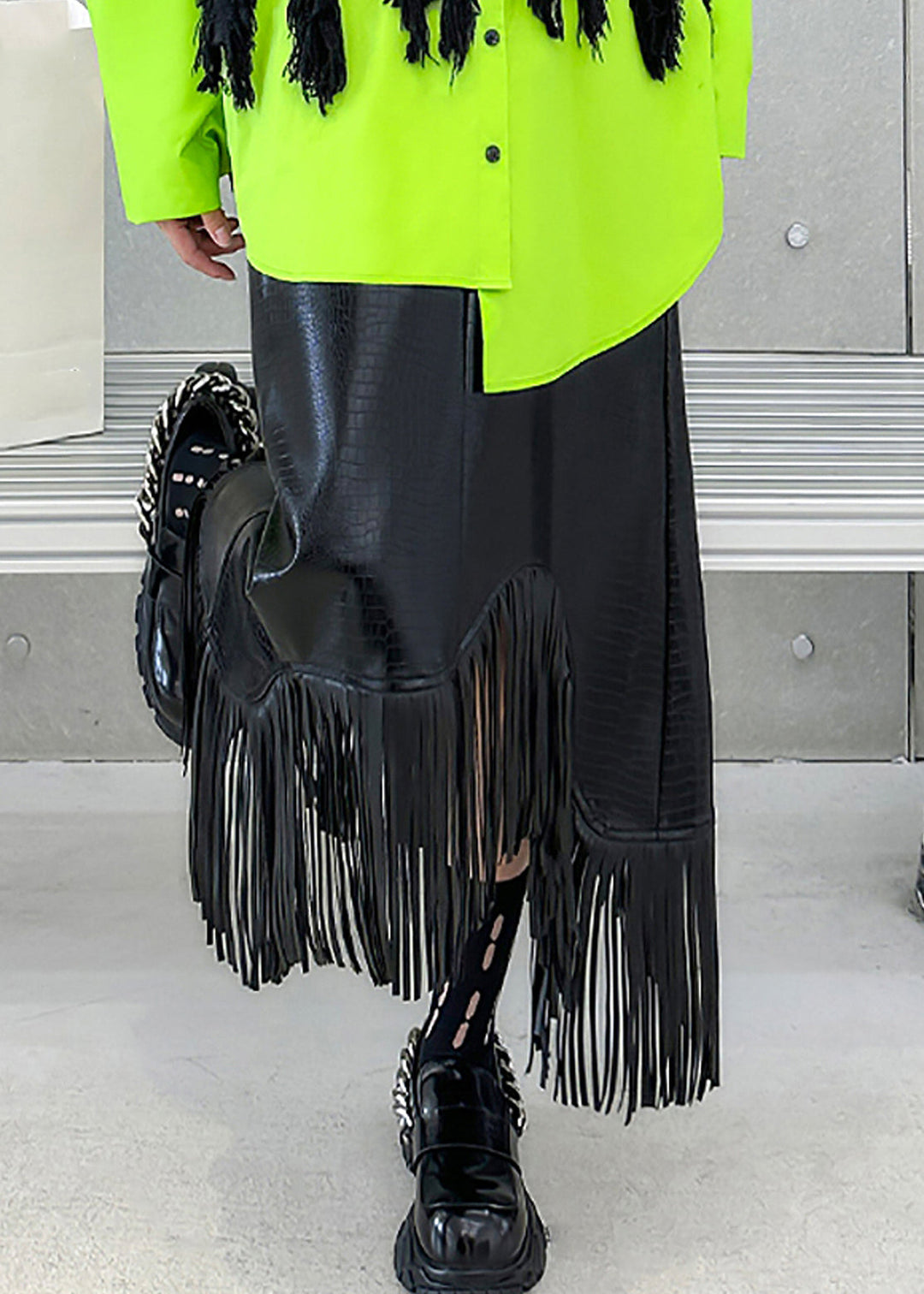 Bohemian Black High Waist Tassel Patchwork Faux Leather A Line Skirt Fall