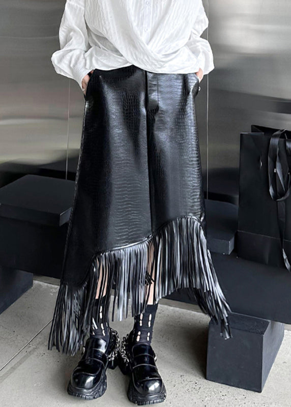 Bohemian Black High Waist Tassel Patchwork Faux Leather A Line Skirt Fall