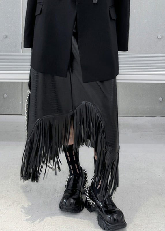 Bohemian Black High Waist Tassel Patchwork Faux Leather A Line Skirt Fall