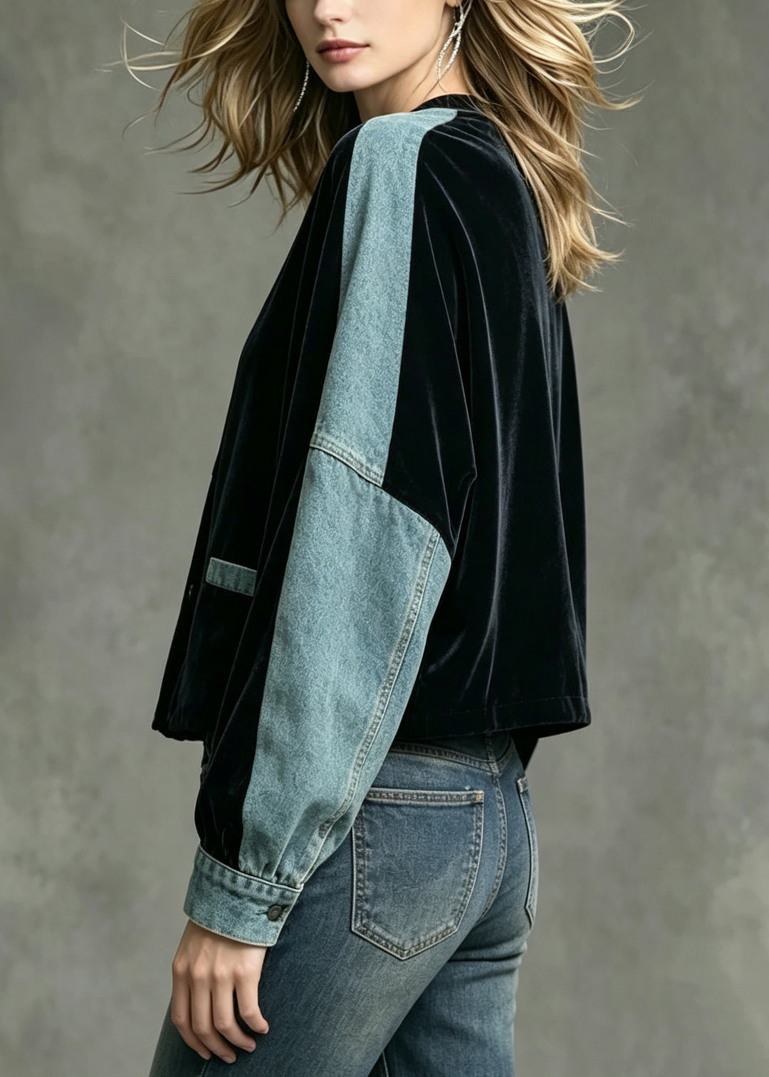 Bohemian Black O-Neck Denim Patchwork Velvet Jacket Fall