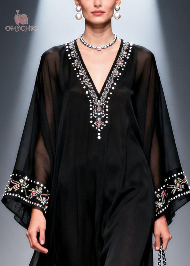 Bohemian Black Oversized Fine Pearl Chiffon Party Dress Summer