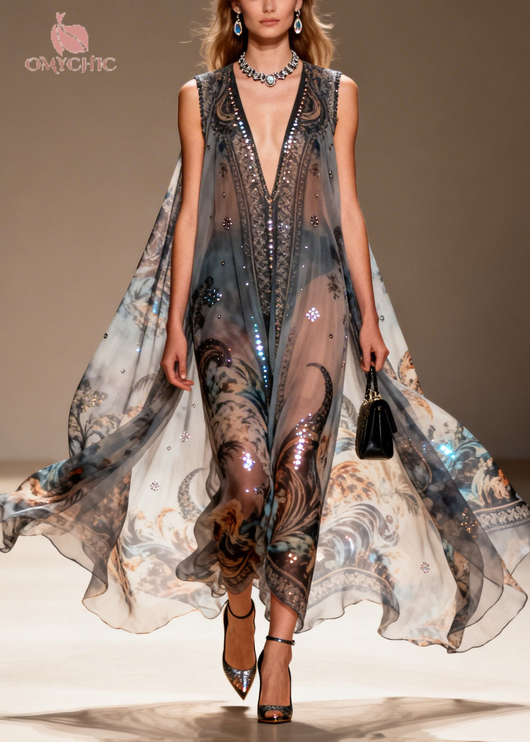 Bohemian Black Oversized Print Sparkly Chiffon Sheer Dresses Summer