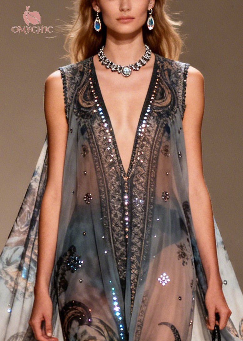 Bohemian Black Oversized Print Sparkly Chiffon Sheer Dresses Summer