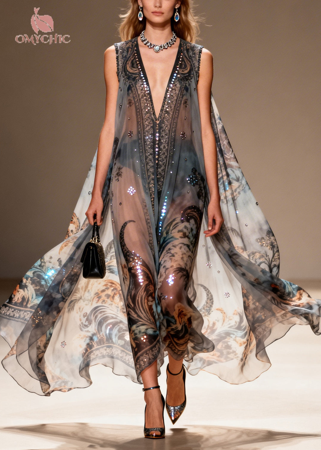 Bohemian Black Oversized Print Sparkly Chiffon Sheer Dresses Summer