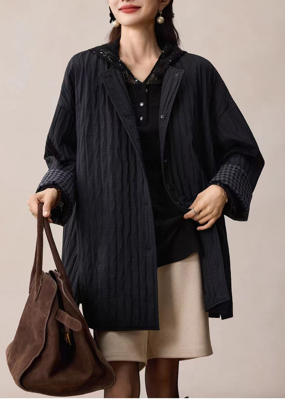 Bohemian Black Oversized Wrinkled Cotton Coat Spring